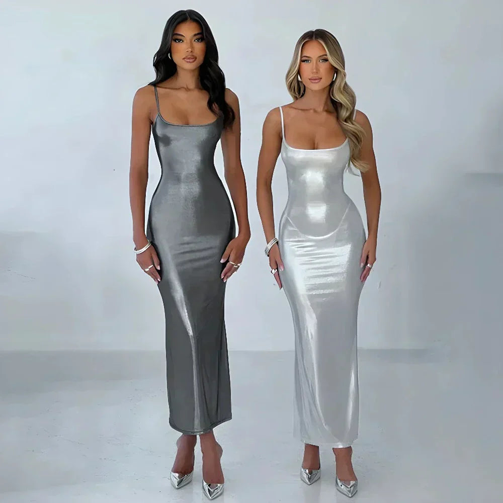 Metallic Square Neck Spaghetti Strap Bodycon Maxi Gown