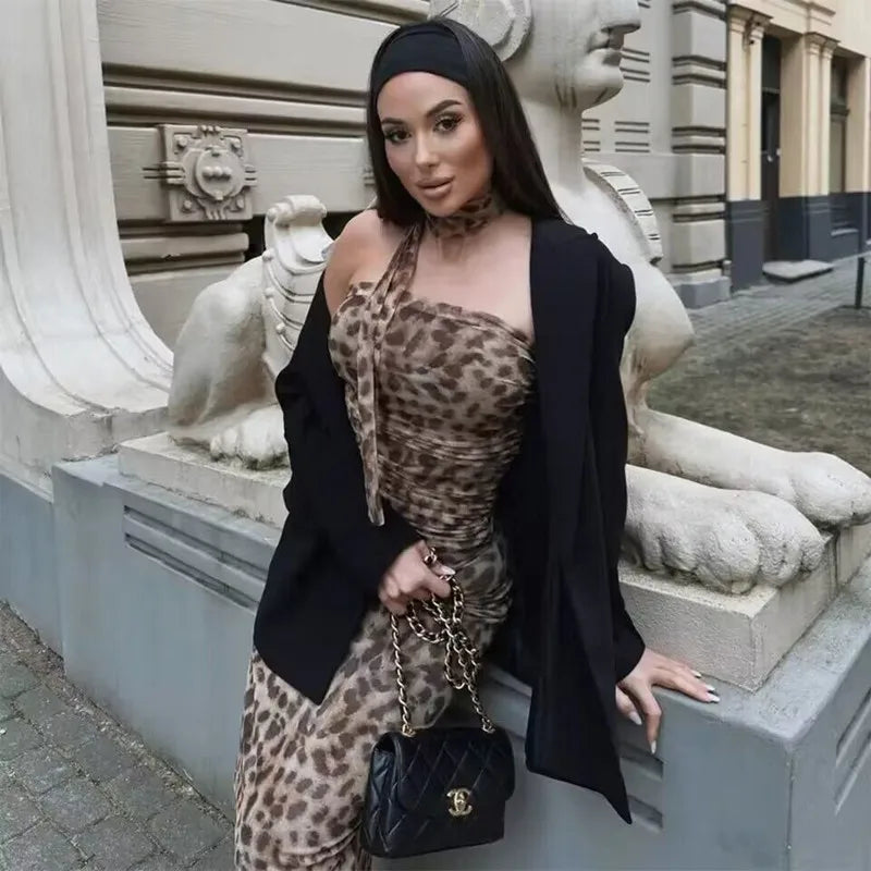 Leopard Print Ruched Tulle Off Shoulder Cami Top
