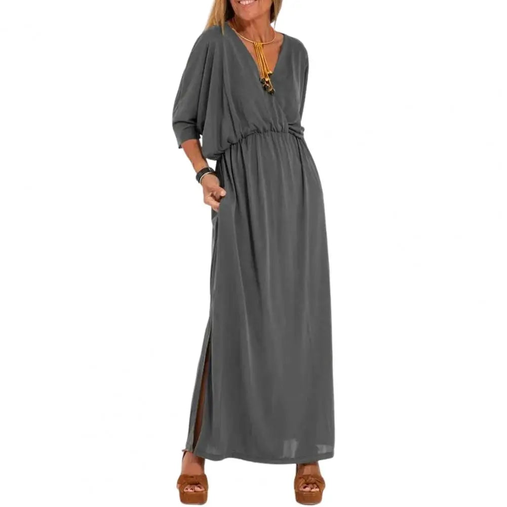 V-Neck Batwing Sleeve Elastic Waist Pocket Maxi Dress