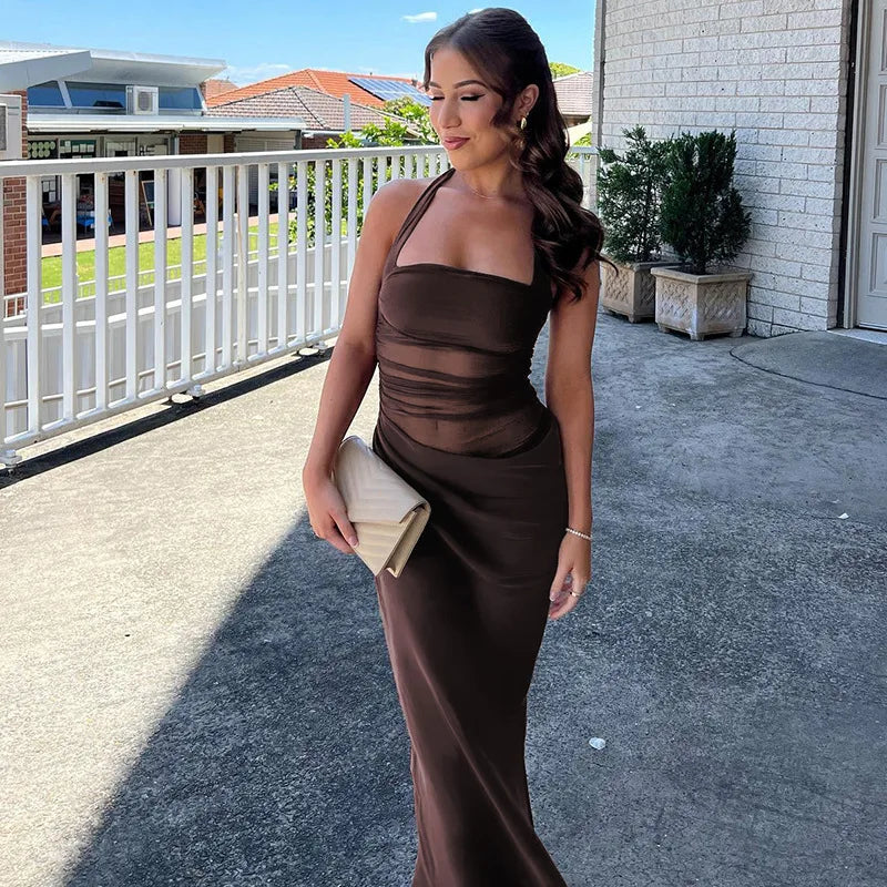 Mesh Halter Neck Backless Ruched Bodycon Maxi Dress