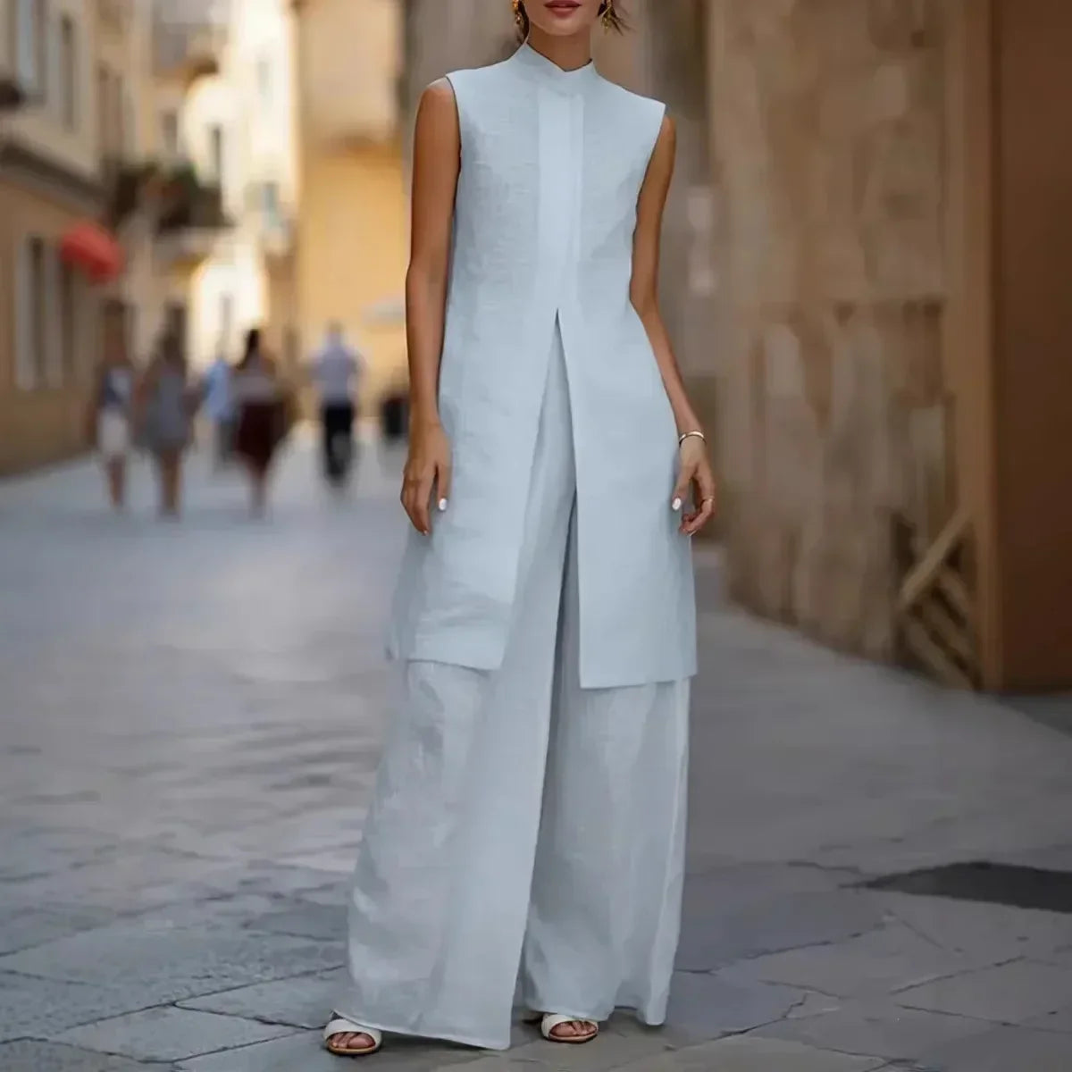 Stand Collar Sleeveless Split Longline Top and Wide Leg Pants Two Piece Set