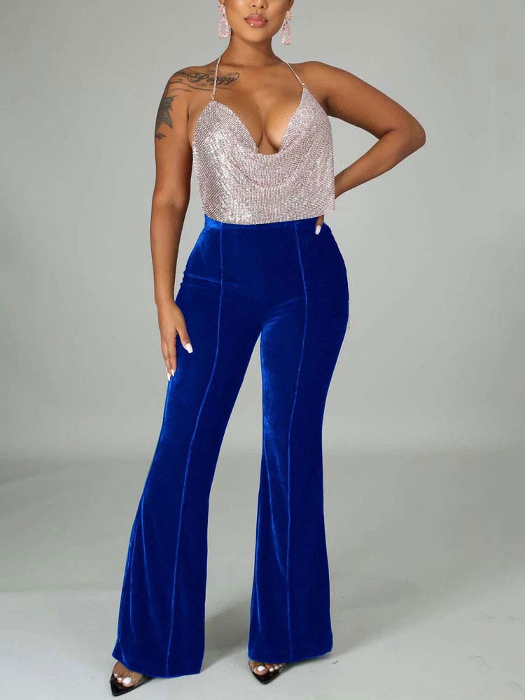 Velvet Velour Flared Bell Bottoms High Waist Pants