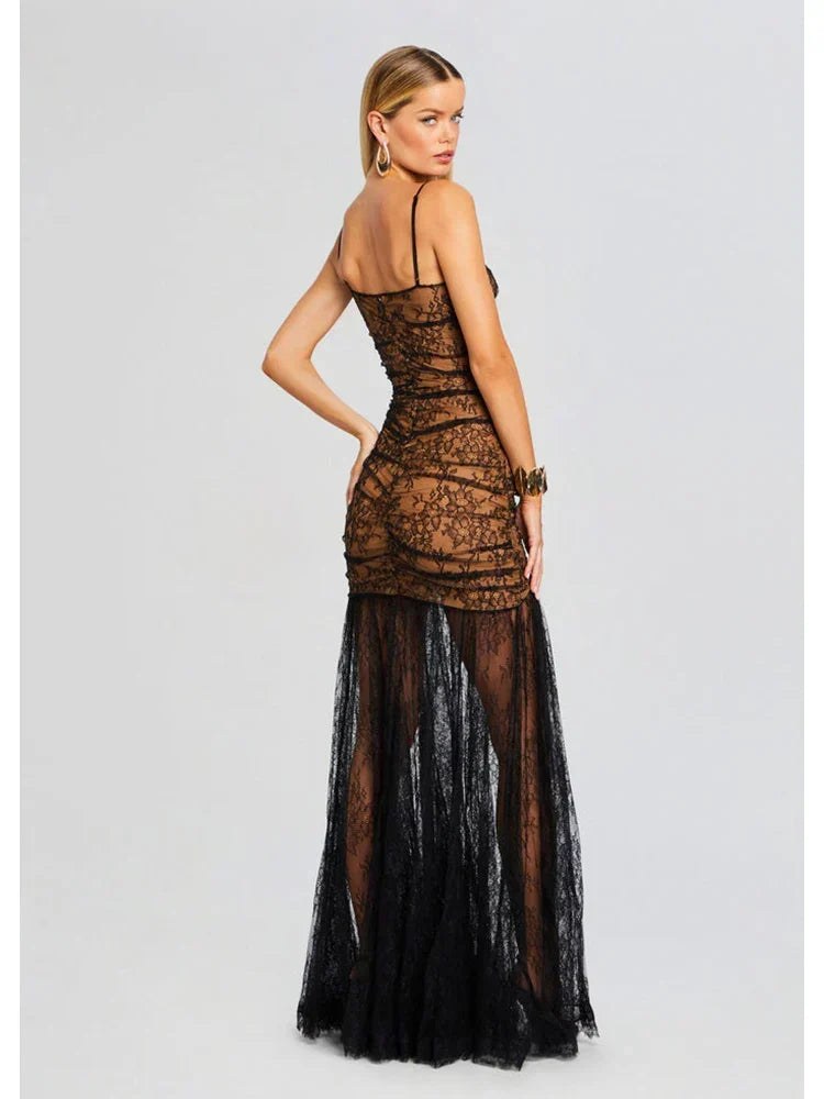 Sheer Lace Spaghetti Strap Ruched High Split Maxi Dress 4