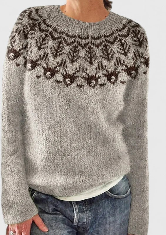 Fair Isle Crew Neck Long Sleeve Knit Sweater