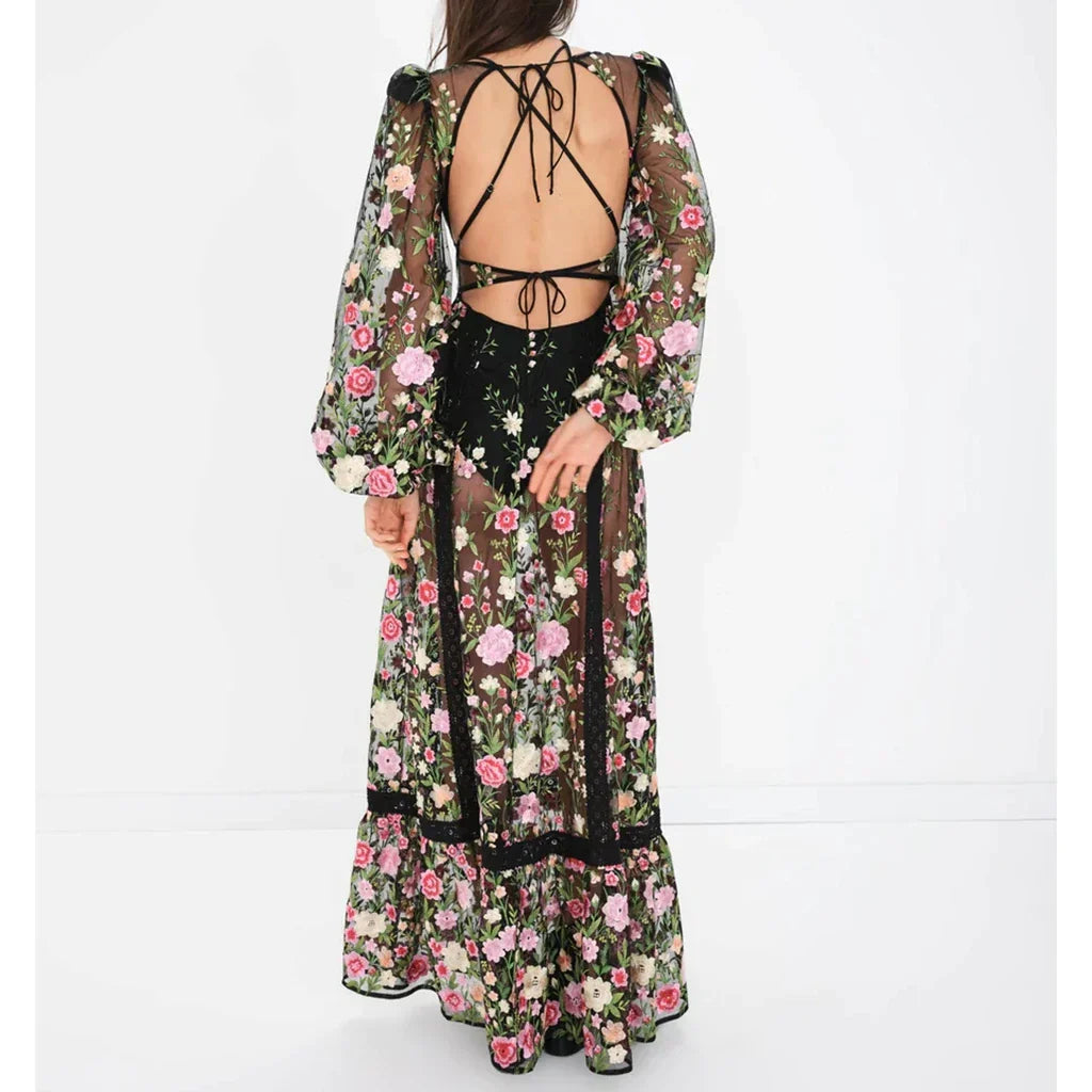 Floral Embroidery Mesh Bishop Sleeve Deep V-Neck Tie Front Tiered Maxi Gown