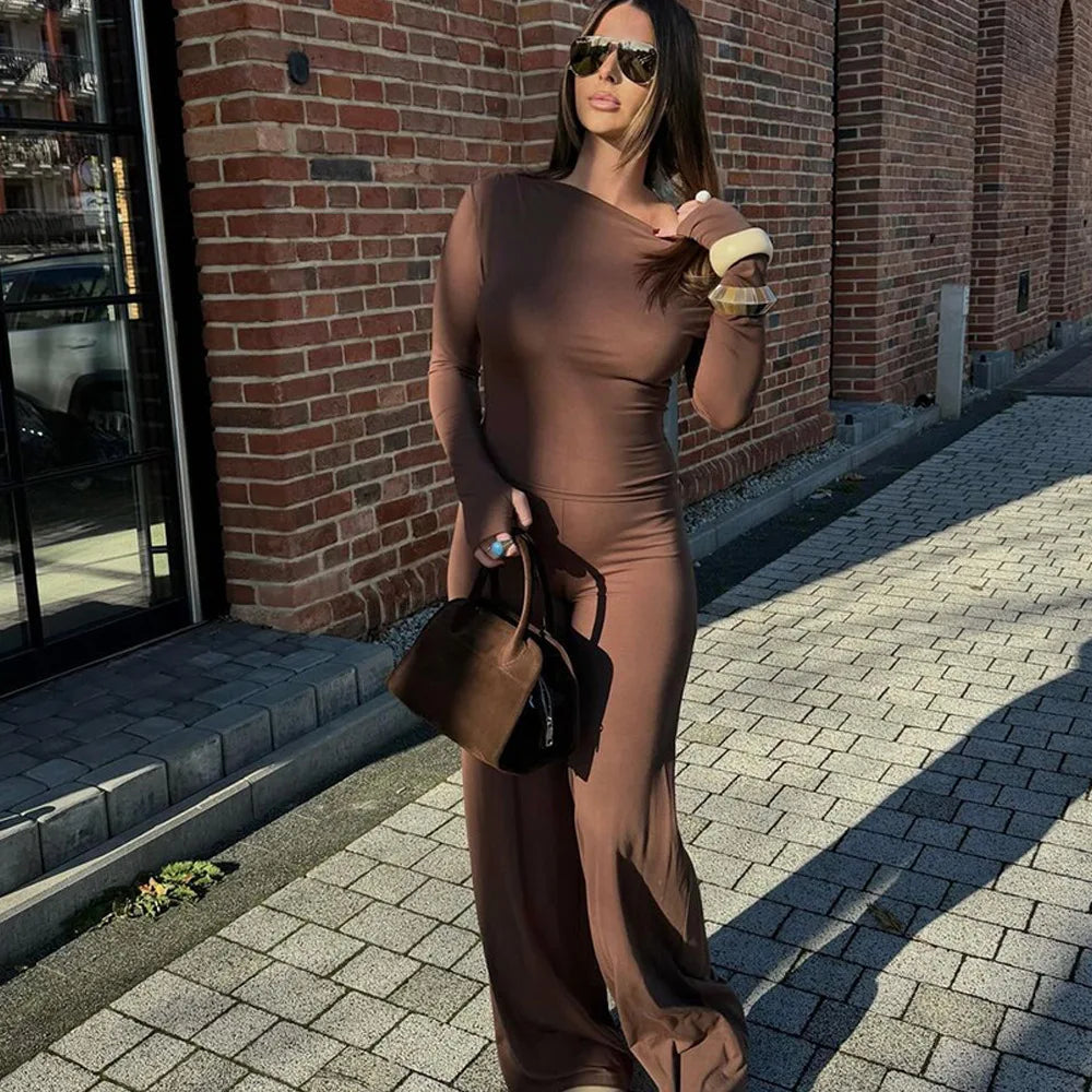One Shoulder Flare Sleeve Top Long Pant Suit