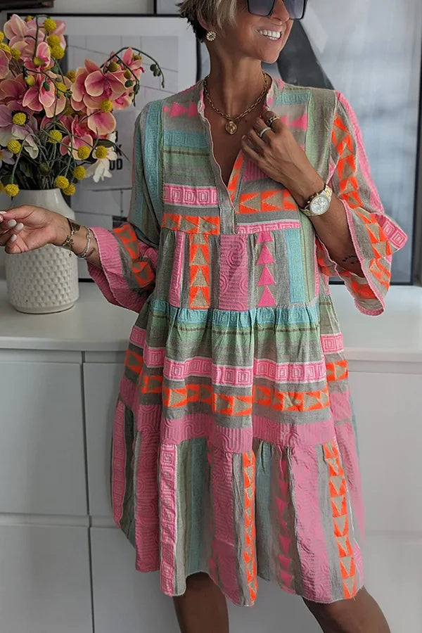 Geometric Print V-Neck Tiered Tunic Dress