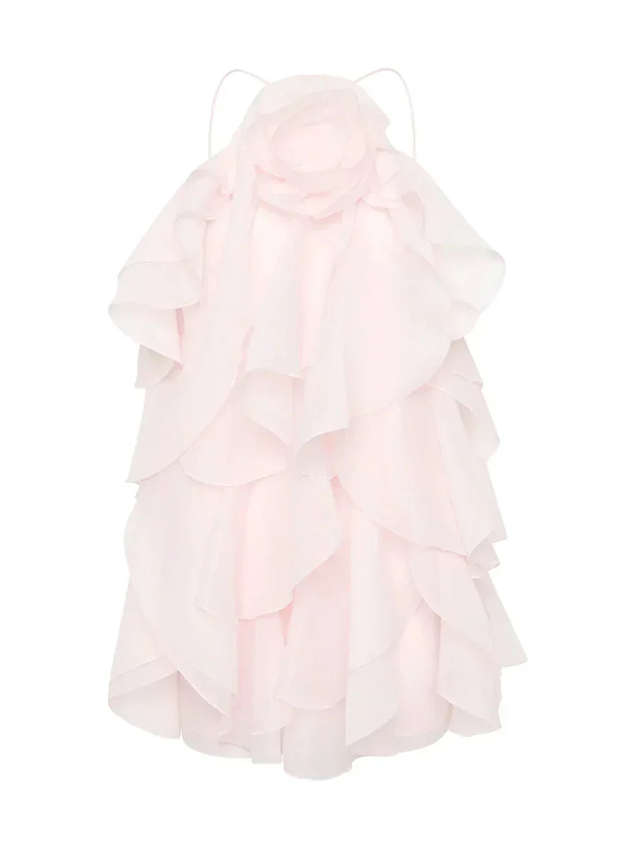 Halter Neck 3D Rosette Tiered Ruffle Organza Mini Dress