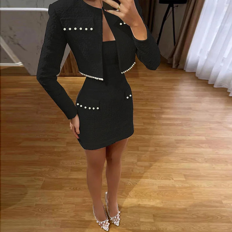 Tweed Faux Pearl Trim Cropped Jacket and Strapless Mini Dress Two Piece Set 7