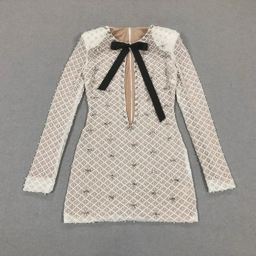Pearl Beaded Long Sleeve Keyhole Bow Bodycon Mini Dress