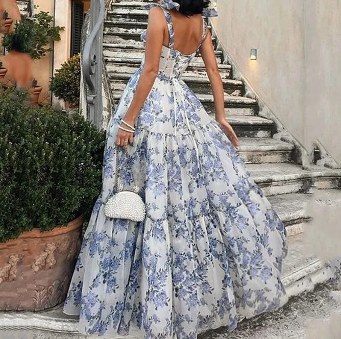 Floral Bustier Bow Strap Tiered Ruffle Organza Maxi Gown