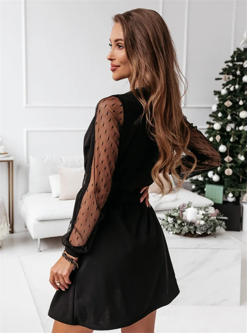 Mesh Long Sleeve Wrap Tie Waist Mini Party Dress