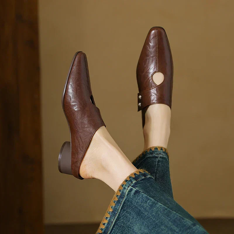 Square Toe Cut Out Buckle Block Heel Pumps