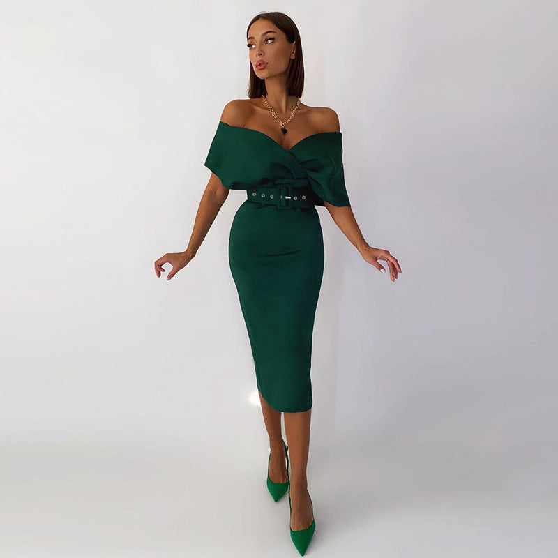 Satin Deep V-Neck Batwing Sleeve Belted Bodycon Midi Dress