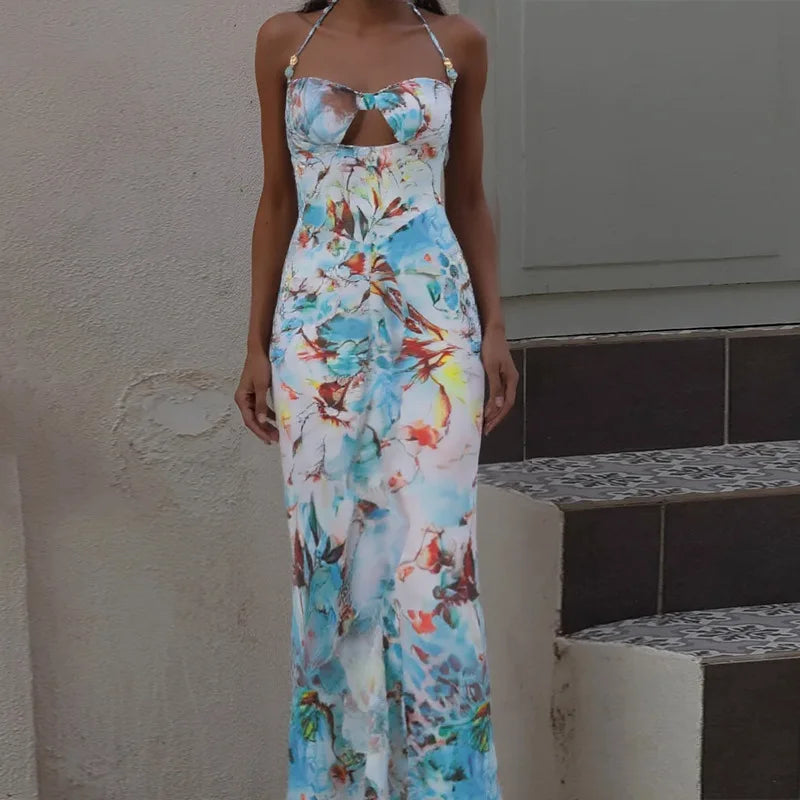 Hollow Out Tailored Halter Maxi Long Summer Dress
