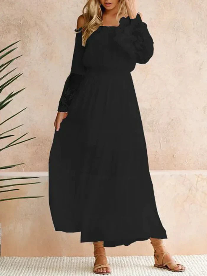 Off Shoulder Lace Bell Sleeve Smocked Tiered Chiffon Maxi Dress