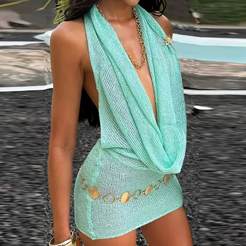 Sequin Halter Cowl Neck Backless Draped Mini Party Dress