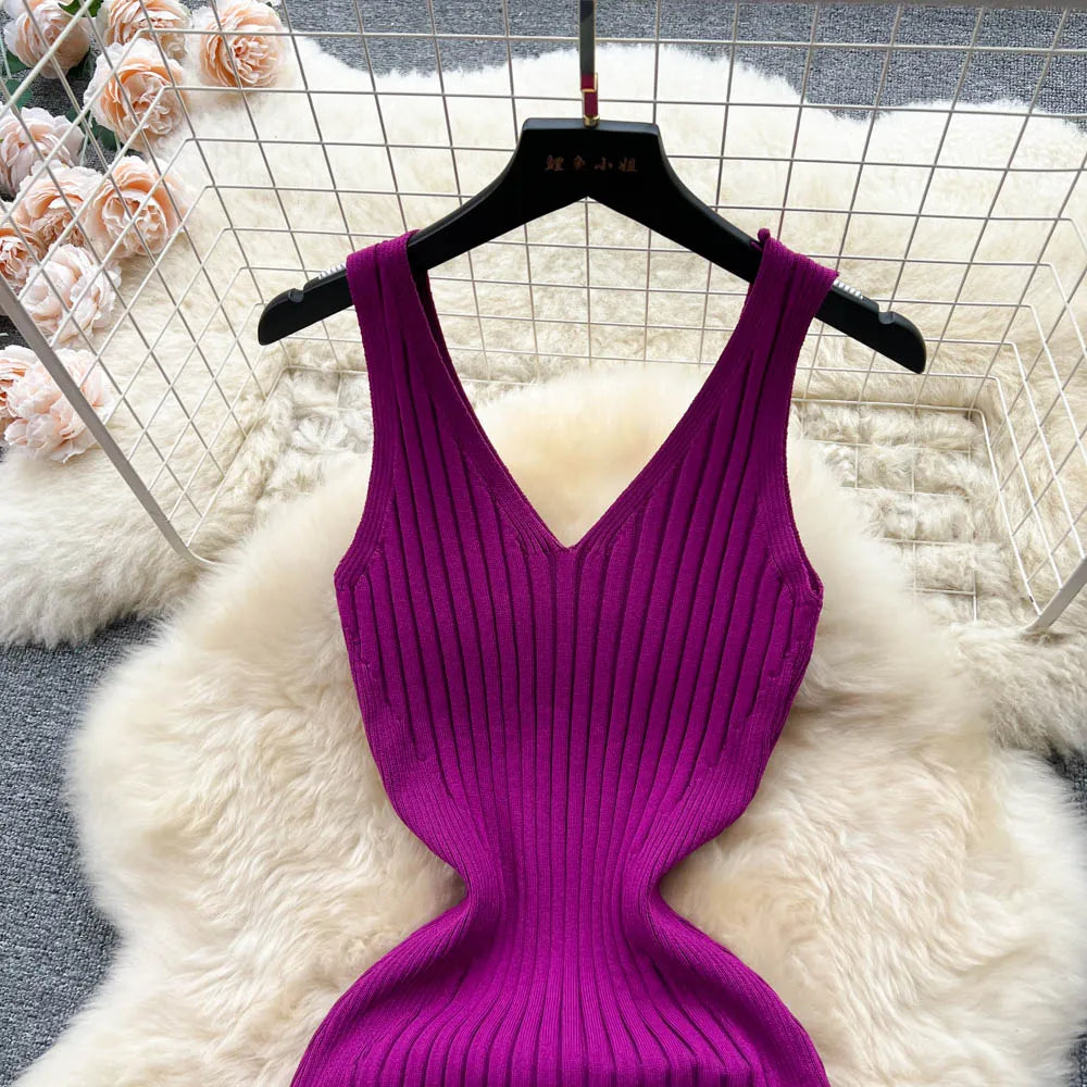 Ribbed Knit V-Neck Sleeveless Cut Out High Split Bodycon Maxi Dress