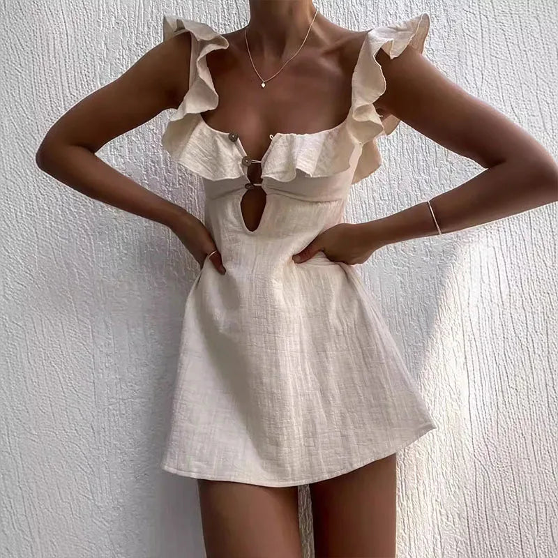 Square Neck Ruffle Button Front Cut Out Mini Summer Dress