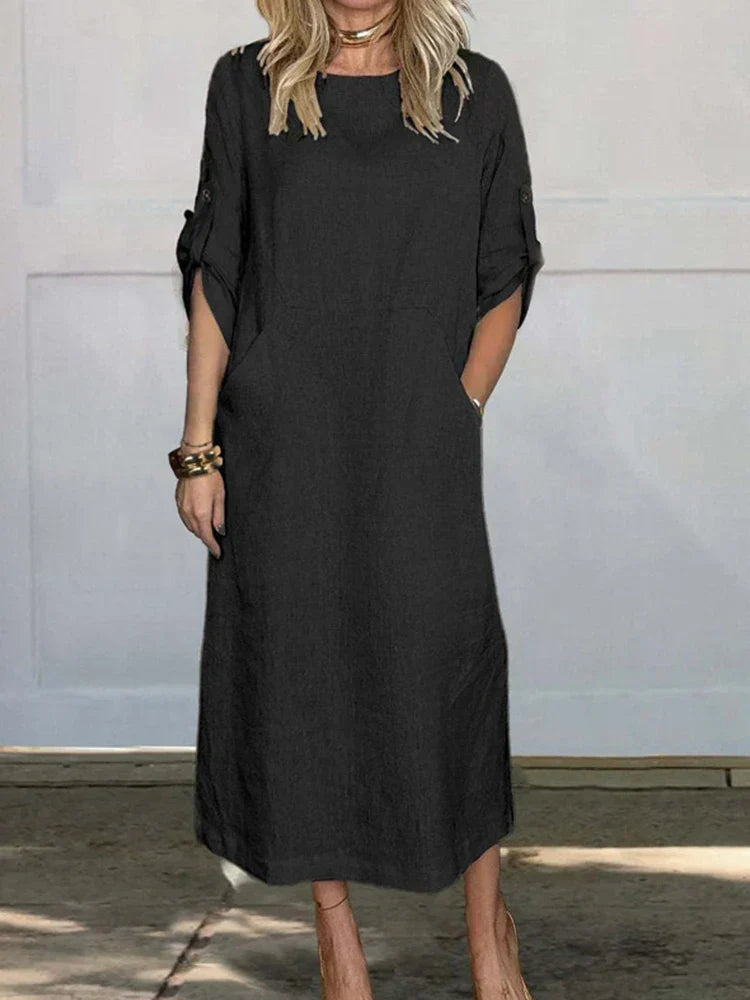 Crew Neck Short Sleeve Rolled Tab Pocket Shift Midi Summer Dress