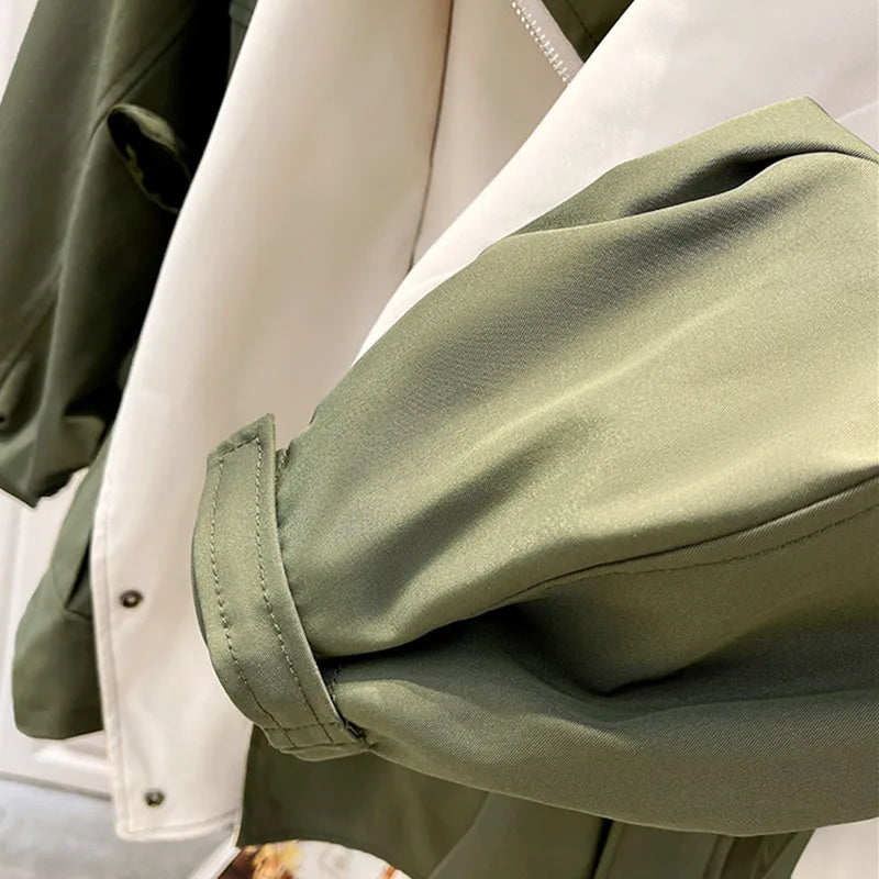 Contrast Collar Button Front Drawstring Windbreaker Jacket
