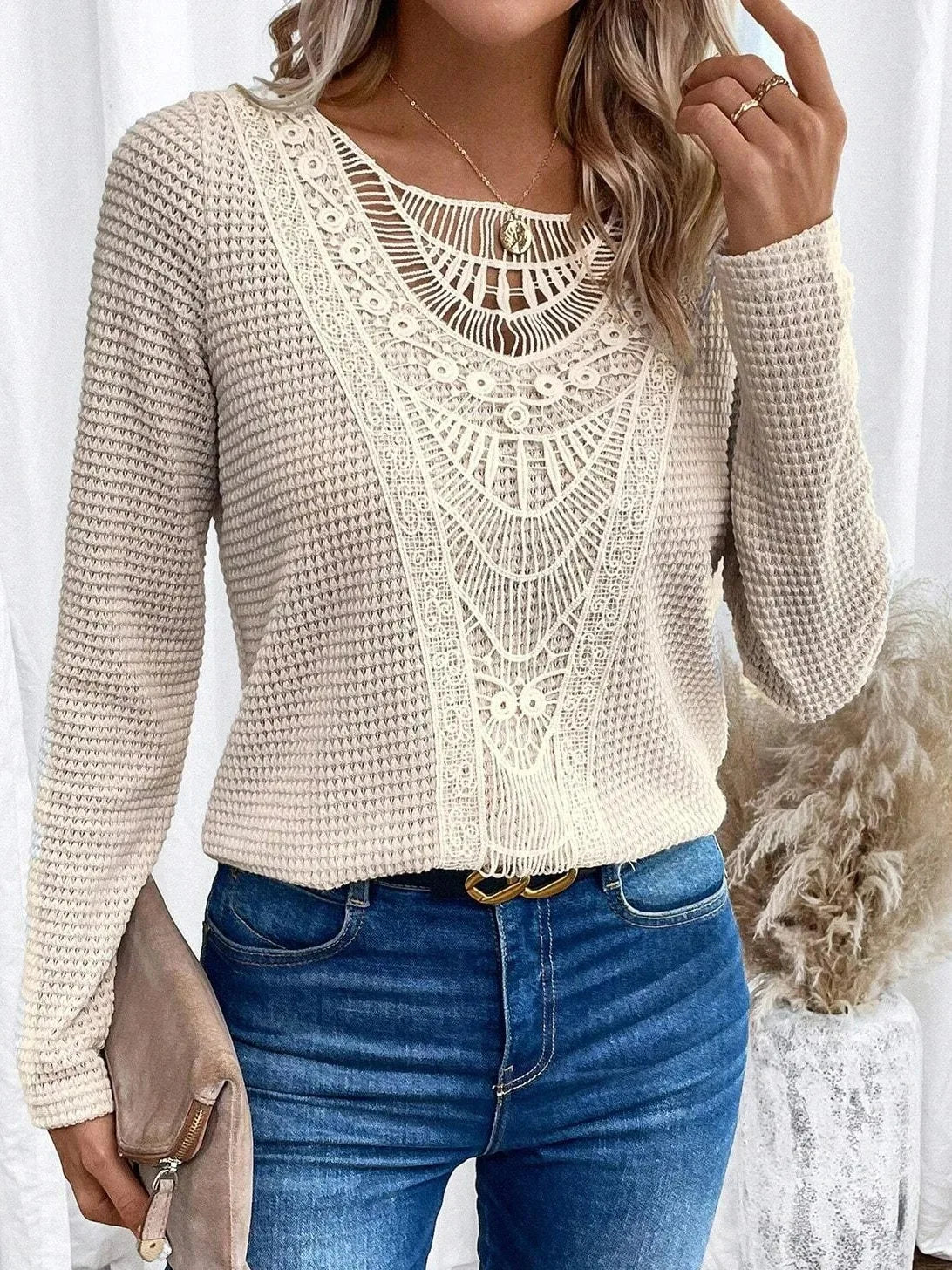 Crochet Lace Panel Waffle Knit Long Sleeve Top