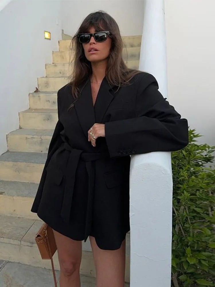 Deep V-Neck Notched Lapel Tie Waist Blazer Mini Dress