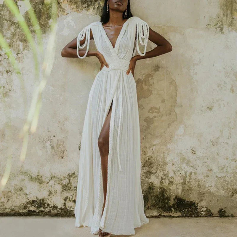 Braided Rope Trim One Shoulder Belted High Split Maxi Dress