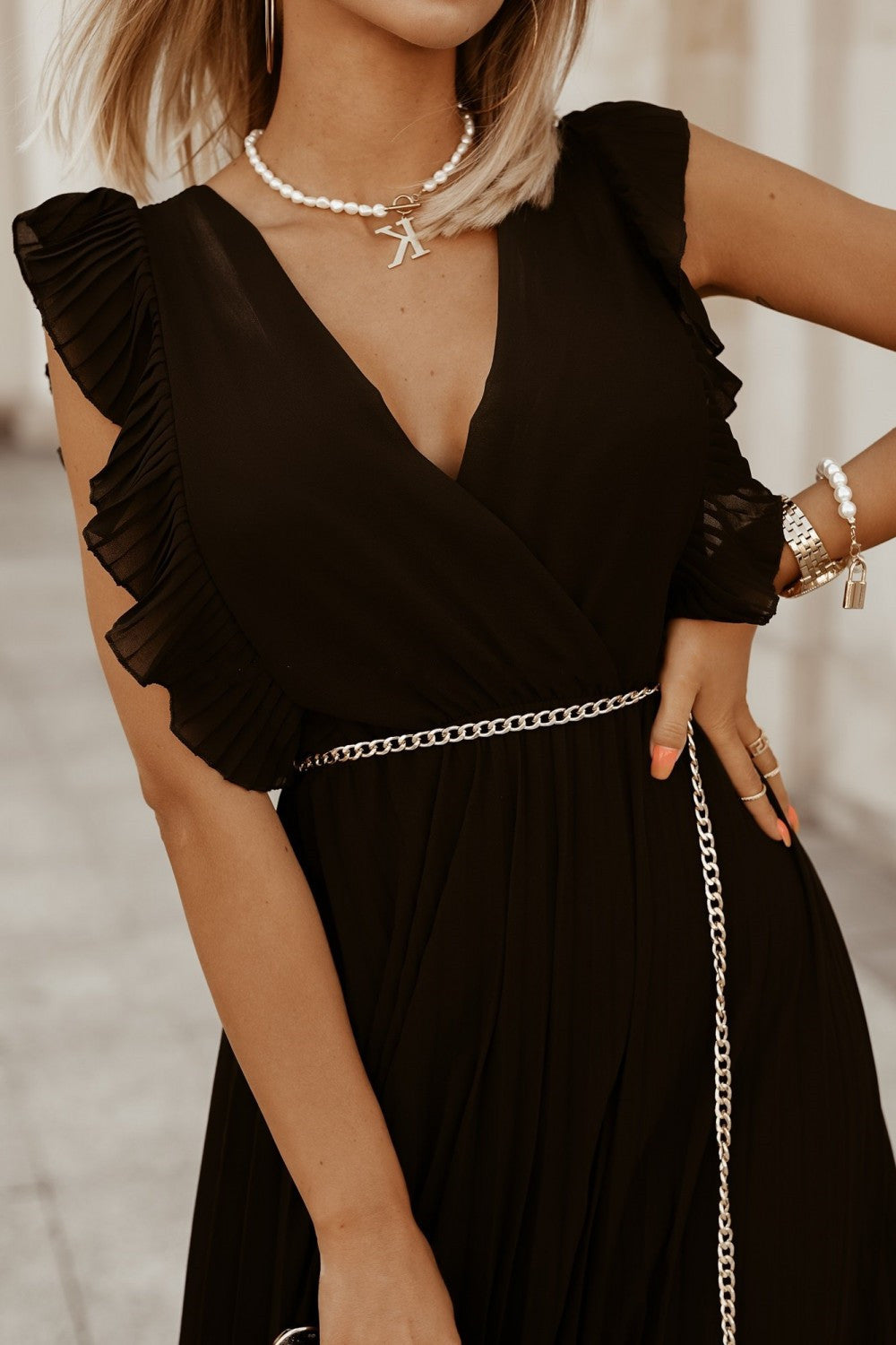 Pleated V-Neck Wrap Flutter Shoulder Tie Waist Accordion Pleated Maxi Dress
