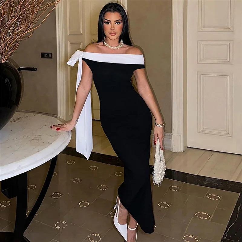 Contrast Trim Off Shoulder Bow Sash Bodycon Midi Dress