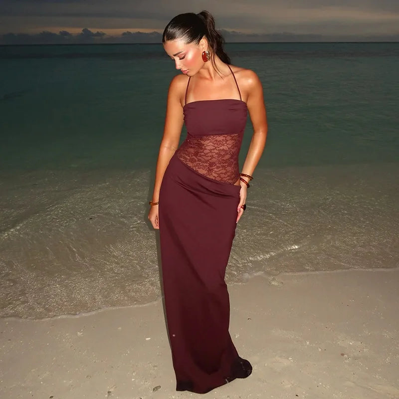 Spaghetti Strap Sheer Lace Waist Panel Bodycon Maxi Dress 4