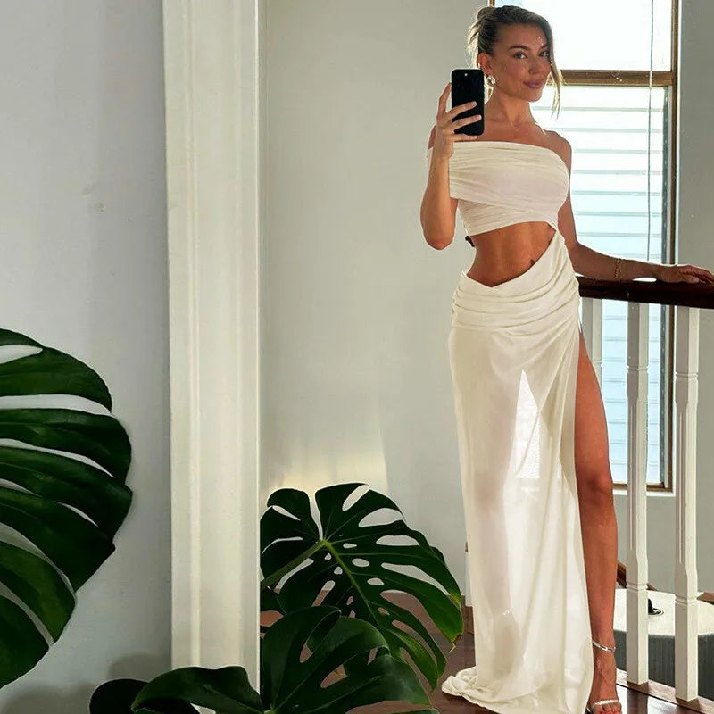 One Shoulder Ruched Mesh Cut Out High Split Maxi Dress 7