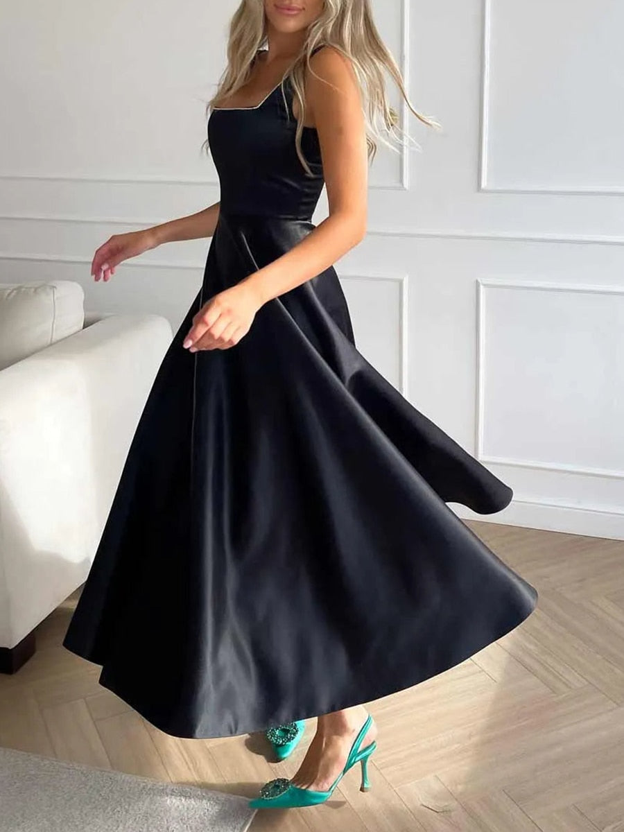 Satin Square Neck Rhinestone Trim Wide Strap Fit and Flare Formal Maxi Gown