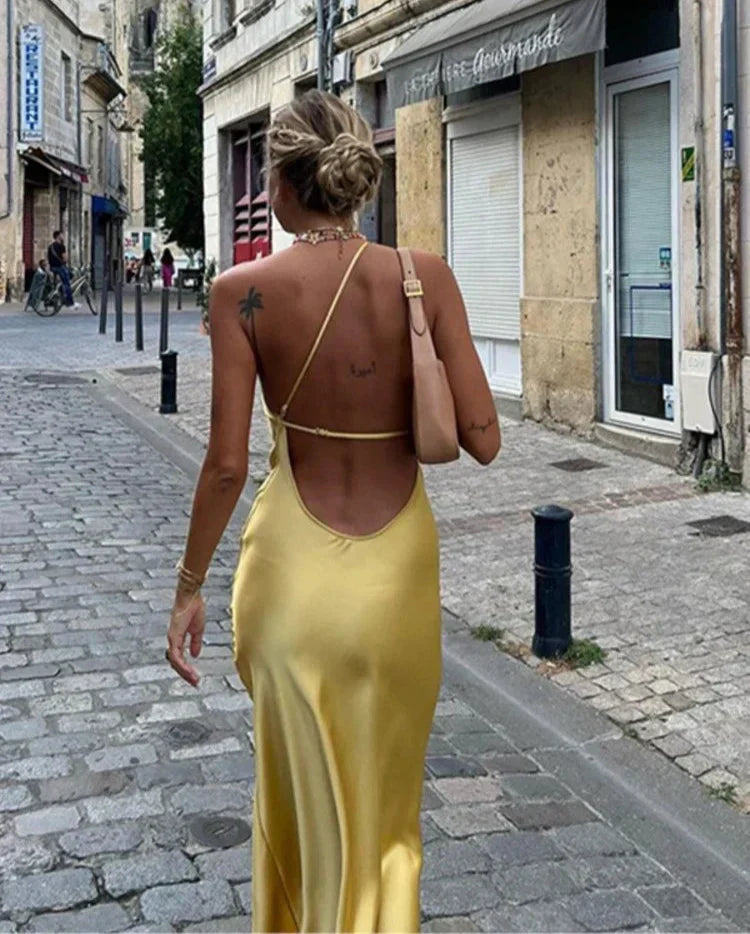 Backless Satin Slant Shoulder Solid Slit Long Dress - View 15