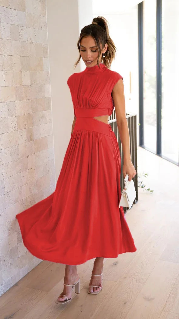 Sleeveless Mock Neck Side Cut Out Pleated Maxi Dress