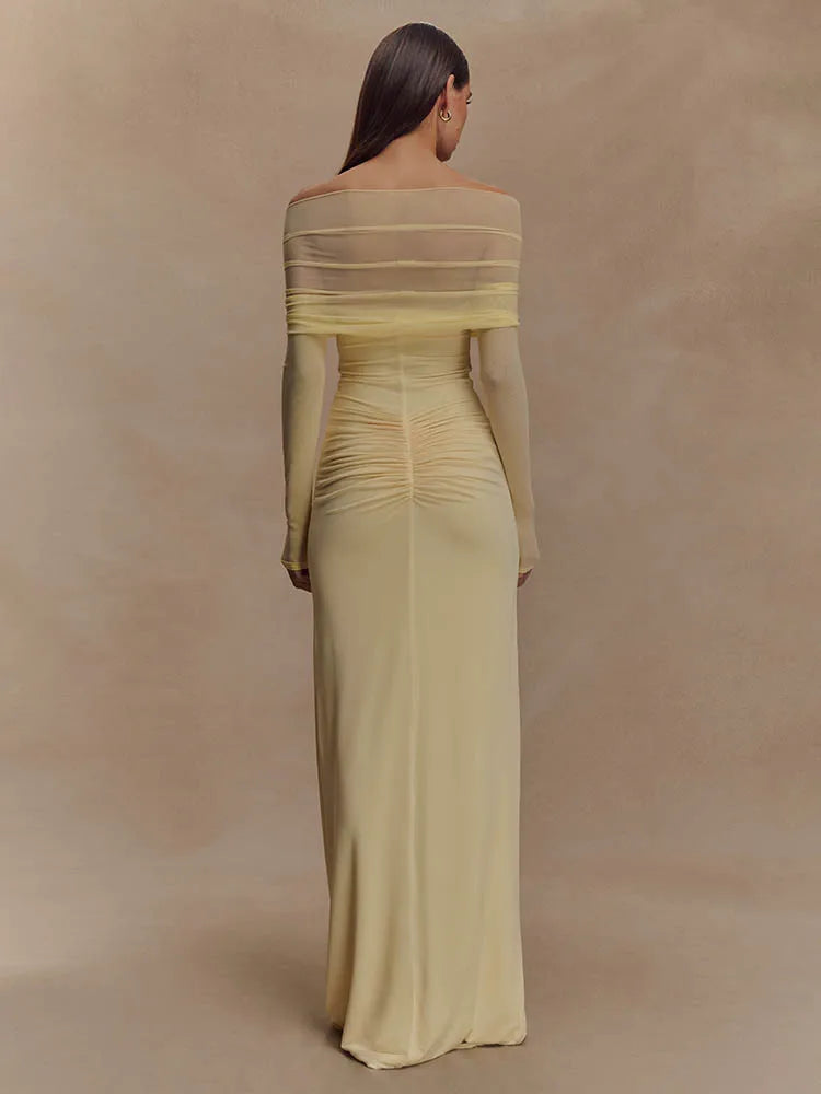 Off Shoulder Long Sleeve Cut Out Ruched Maxi Dress