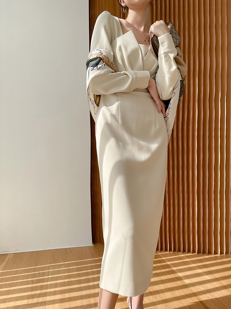 Satin Square Neck Long Sleeve Wrap Midi Dress