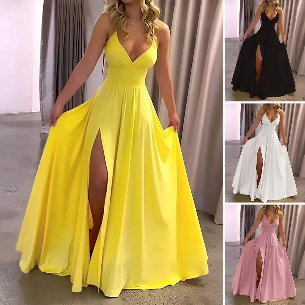 Spaghetti Strap Deep V-Neck High Split A-Line Maxi Dress