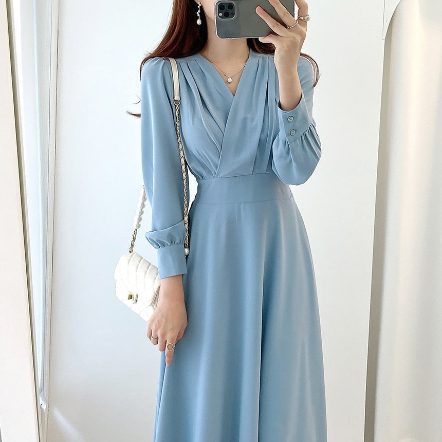 V-Neck Wrap Long Sleeve A-Line Midi Dress 9