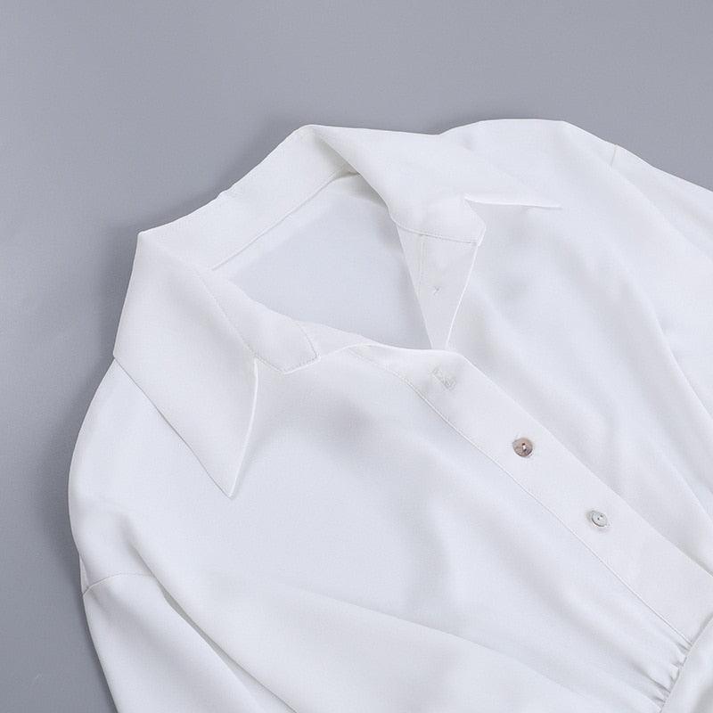 Deep V-Neck Shirt Collar Ruched Waist Bell Sleeve Mini Dress