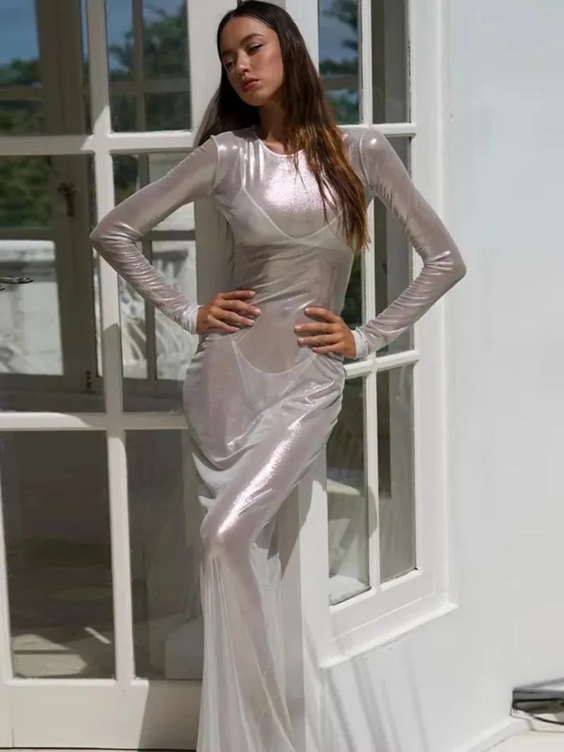 Mesh Long Sleeve Crew Neck Bodycon Maxi Dress