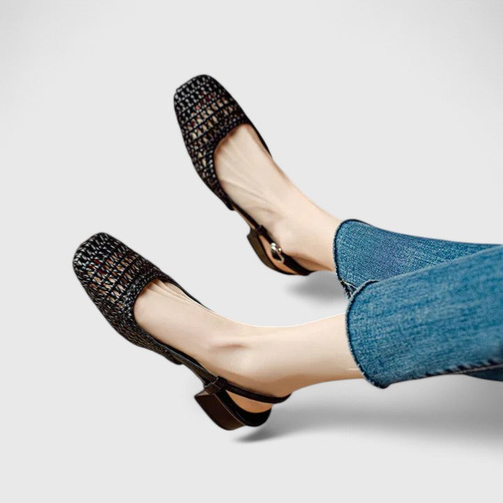 Woven Square Toe Slingback Block Heel Pumps