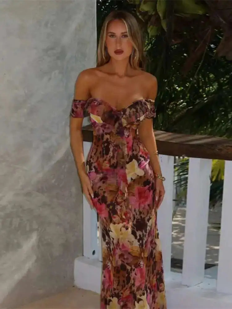 Floral Off Shoulder Short Sleeve Ruffle Mermaid Maxi Dress