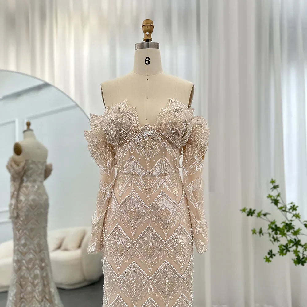 Beaded Off Shoulder Long Sleeve Mermaid Maxi Gown