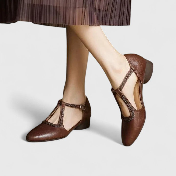 Pointed Toe T-Strap Braided Low Heel Pumps
