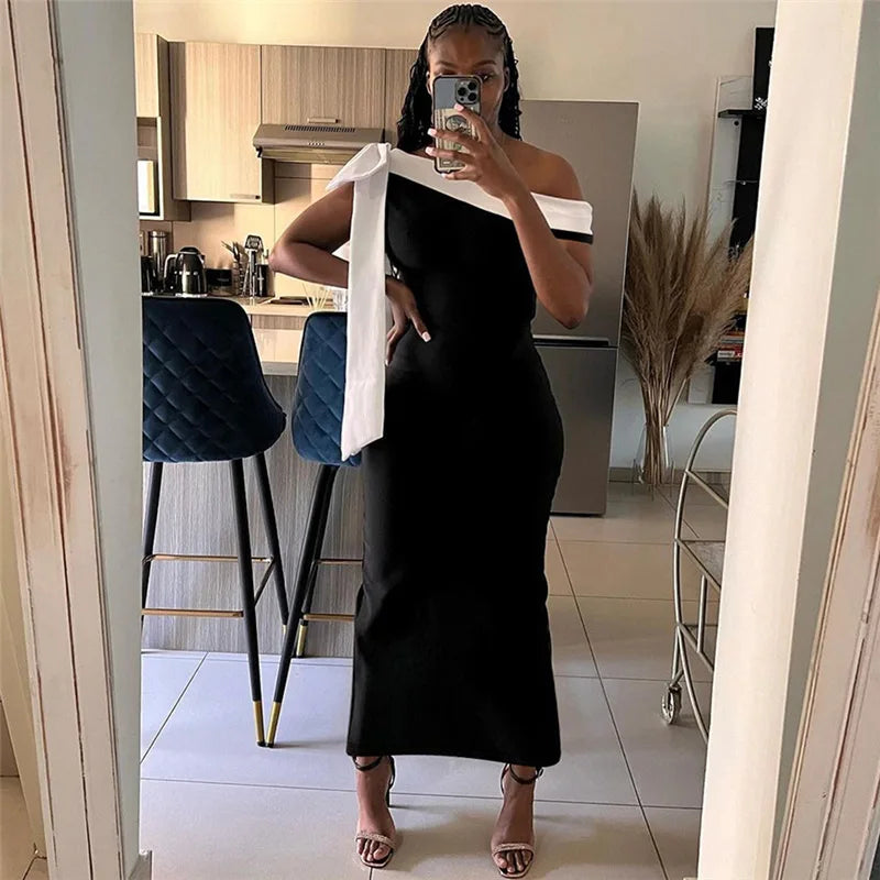 Contrast Trim Off Shoulder Bow Sash Bodycon Midi Dress 14