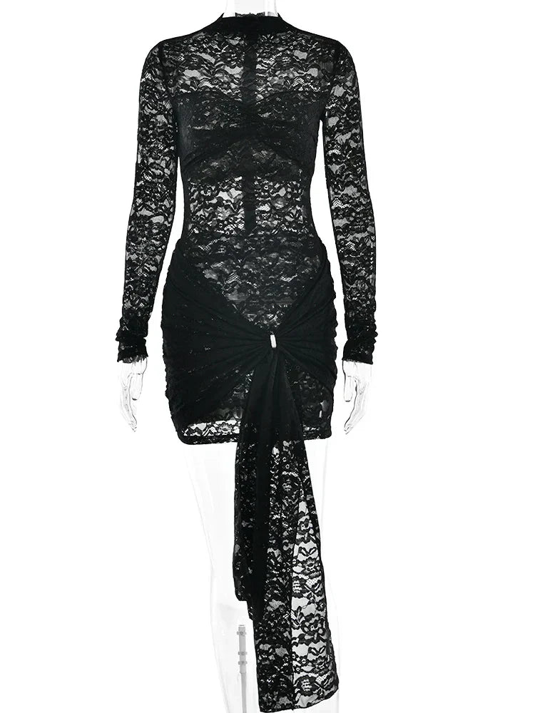 Lace Long Sleeve High Neck Ruched Bodycon Mini Dress