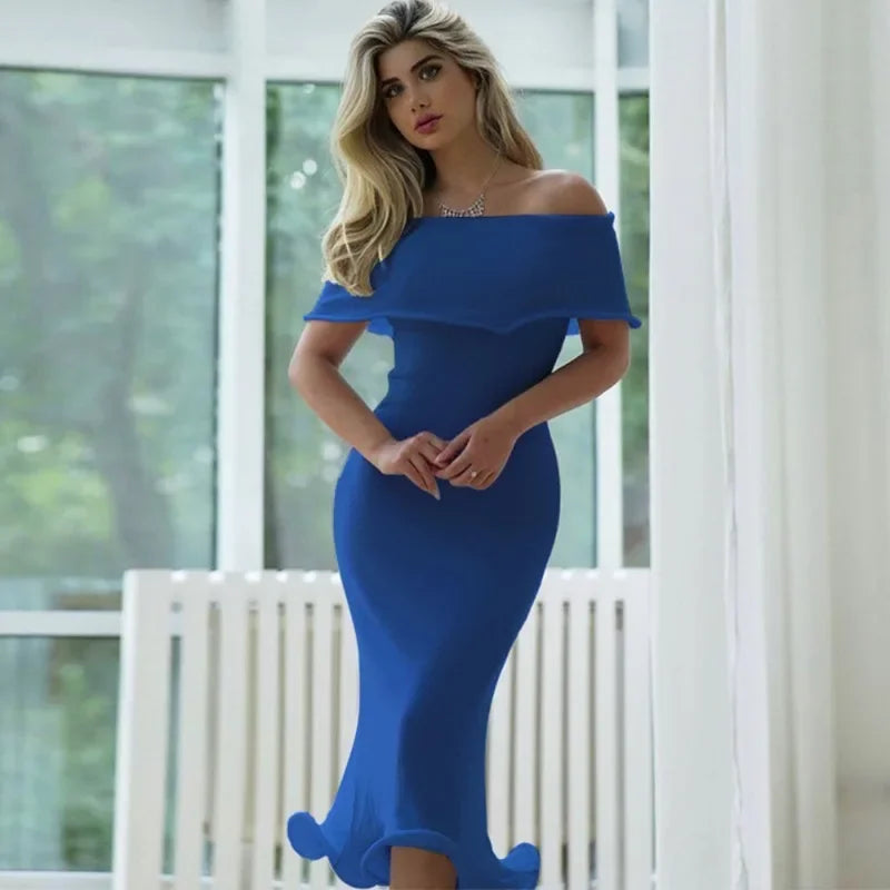 Off Shoulder Fold Over Knit Ruffle Hem Bodycon Midi Dress 4