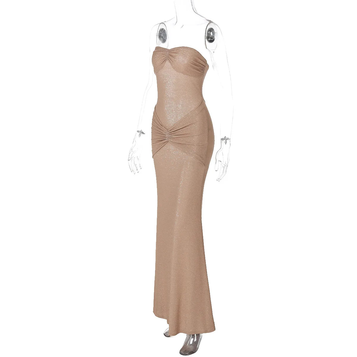 Metallic Strapless Ruched Twist Front Column Maxi Dress