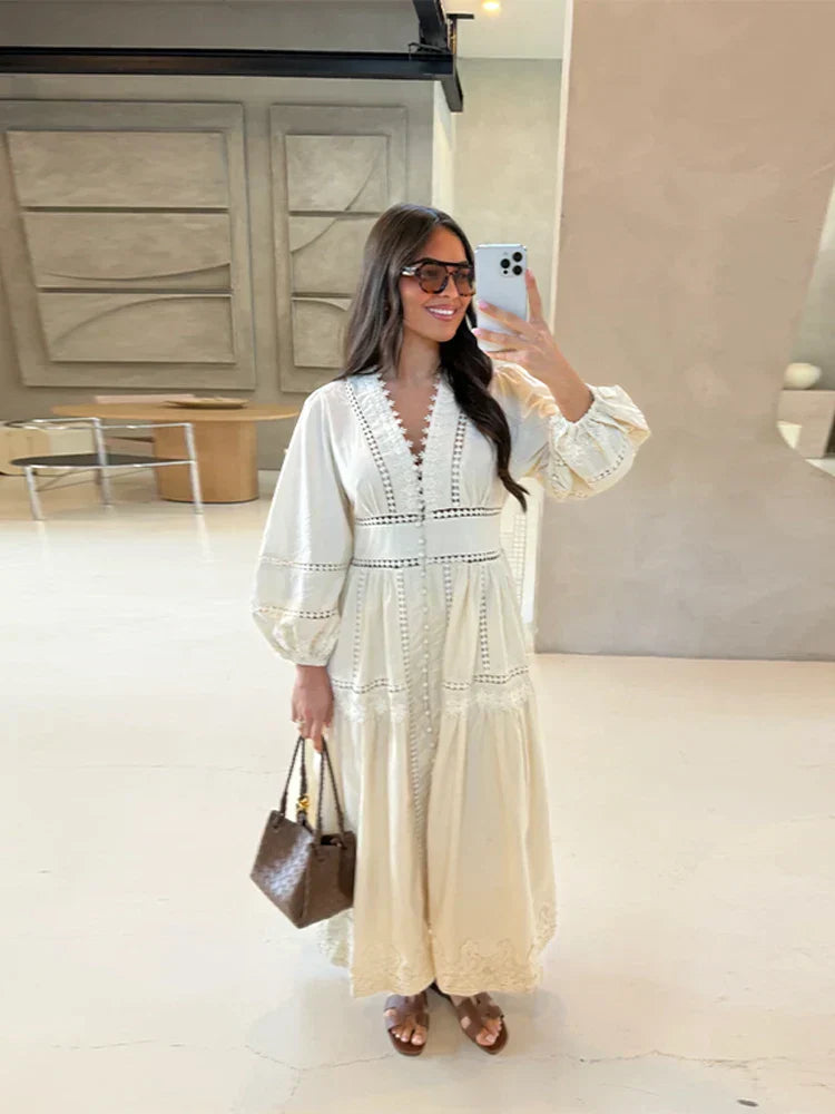 Hollow Lace V-neck Patchwork Maxi Midi Dress - View 3